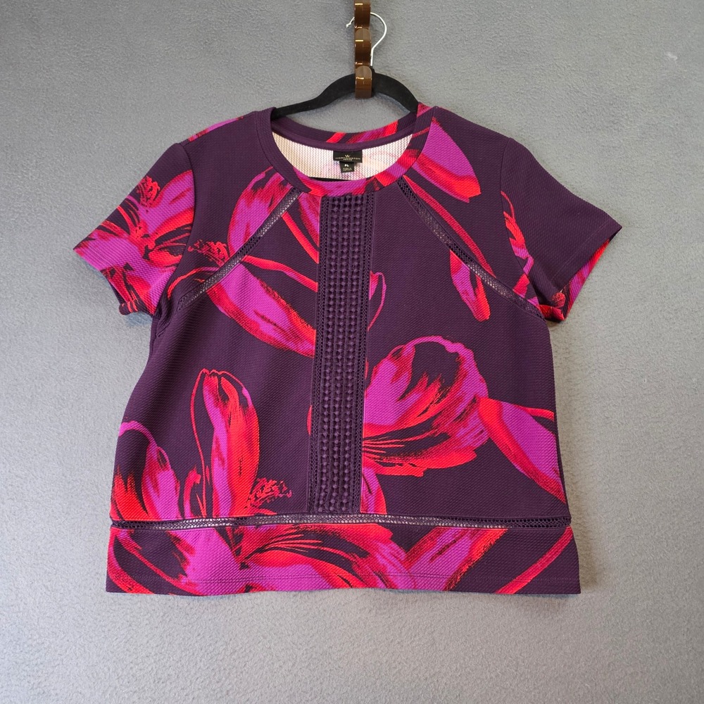 Worthington Petite Floral Short Sleeve Top Purple Magenta Pink Red PL